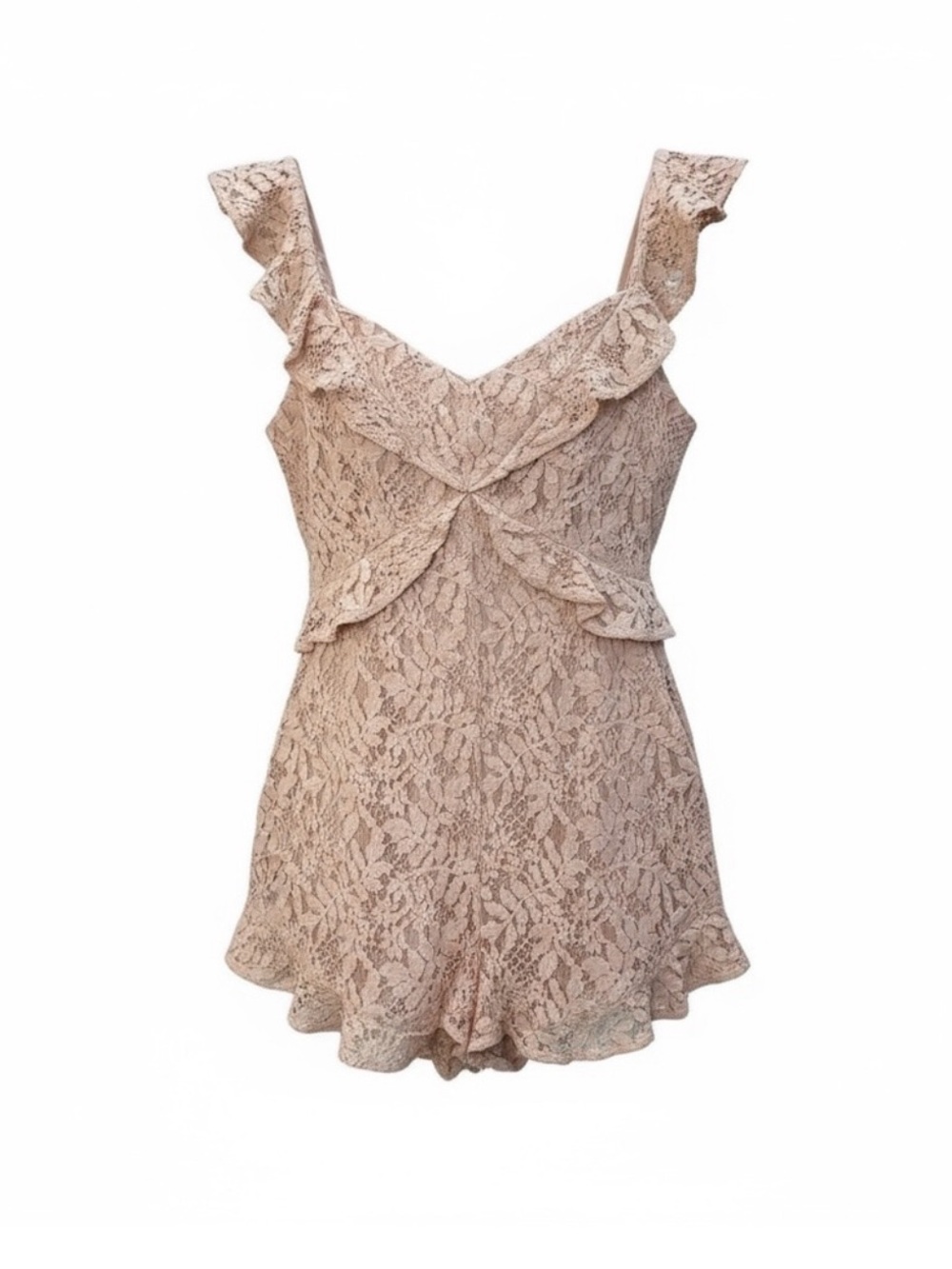 BCBGeneration Rose Smoke Lace Romper Ruffled Sweetheart Neckline Sz 10